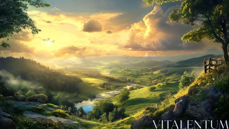 Sunlit rural valley landscape with clouds and distant hills.