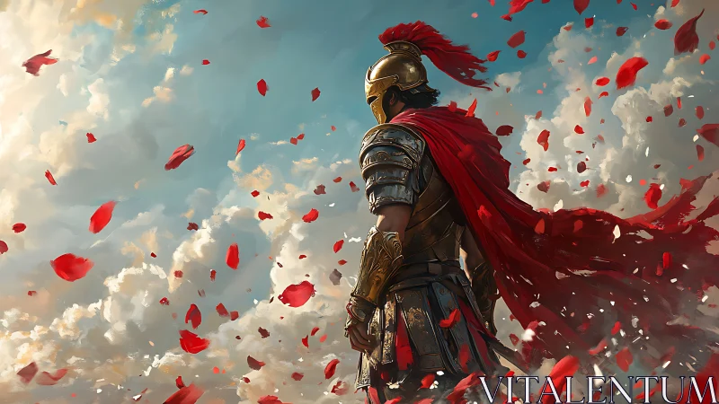 Lone armored warrior stands beneath storm of crimson petals
