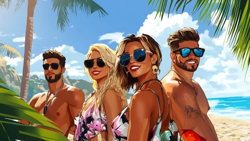 Stylish friends pose on tropical beach under bright sun