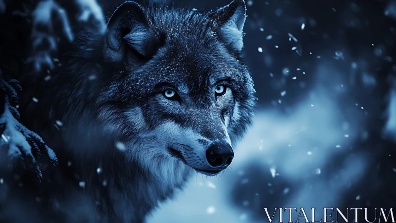 Nocturnal Arctic wolf close-up with glacial cyan irises.