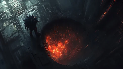 Anthropomorphic hedgehog surveys infernal industrial abyss