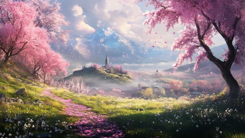 Luminous alpine valley with sakura path and distant spire church.