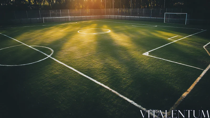 Empty artificial turf soccer field in warm evening light.