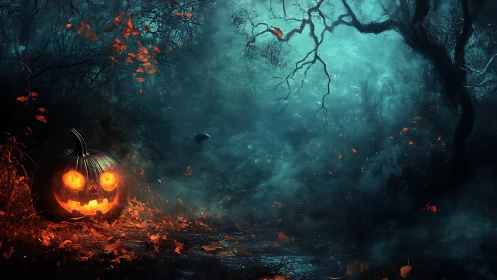 Glowing jack o lantern illuminates dark foggy forest path