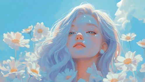 Girl with pale blue hair stands among white daisies outside