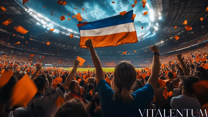 Crowd erupts under stadium lights as bold tricolor flag waves.