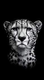Monochrome frontal cheetah portrait isolates facial features