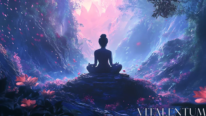 Silhouette meditating on rock in luminous forest valley.