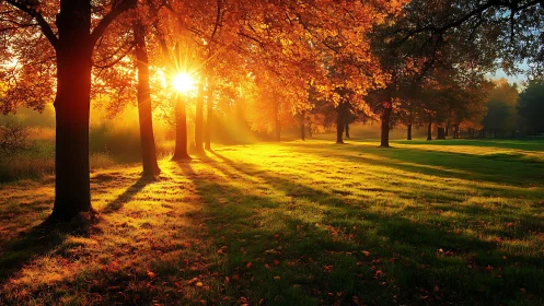 Golden autumn sunrise pours gentle light through quiet trees