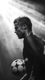 Silhouetted footballer studies ball under harsh stadium light