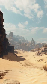 Layered desert canyon with eroded ruins under diffuse daylight