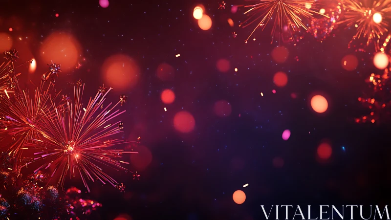 Colorful red fireworks burst against dark night sky.