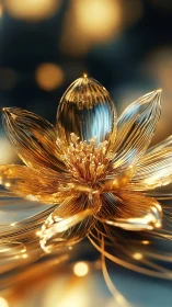 Luminous golden glass flower blooms in shimmering bokeh light