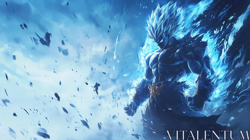 Blue energy warrior ignites storm of shattered sky shards.