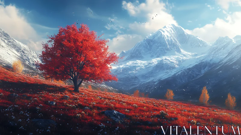 Red tree in alpine valley under snow covered mountains.