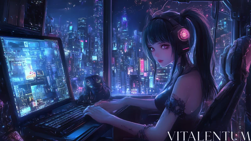 Cyberpunk girl operates computer in neon city at night