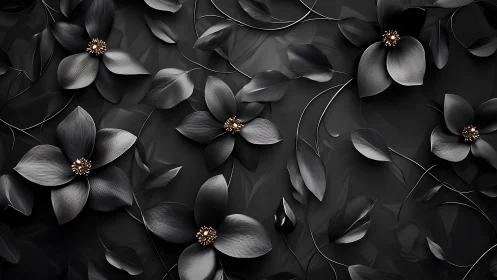 Monochromatic Floral Composition with Metallic Centers and Dynamic Flowing Stems.