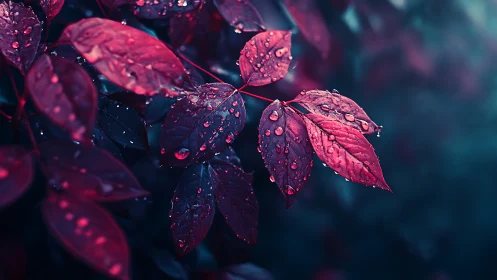 Crimson rain kissed leaves glow softly in twilight silence
