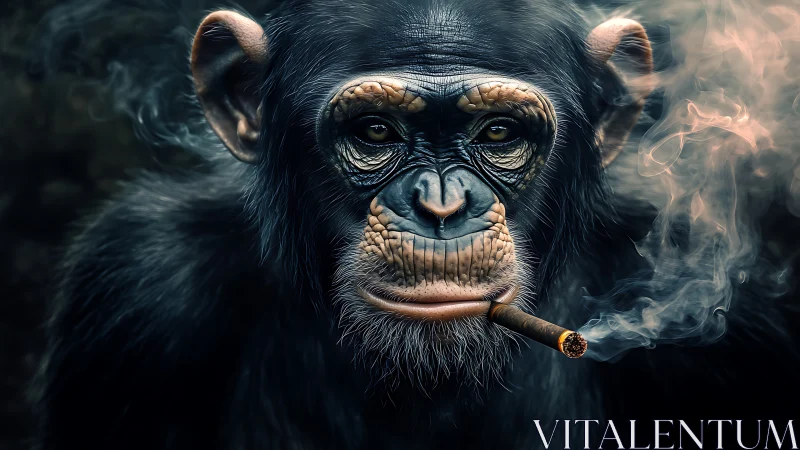 Hyperreal chimpanzee portrait with cigar and drifting smoke.