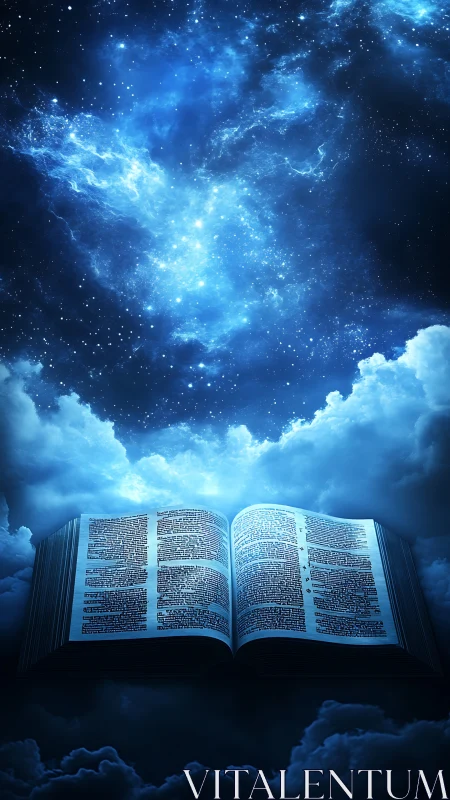 Open illuminated book floating in night sky clouds.