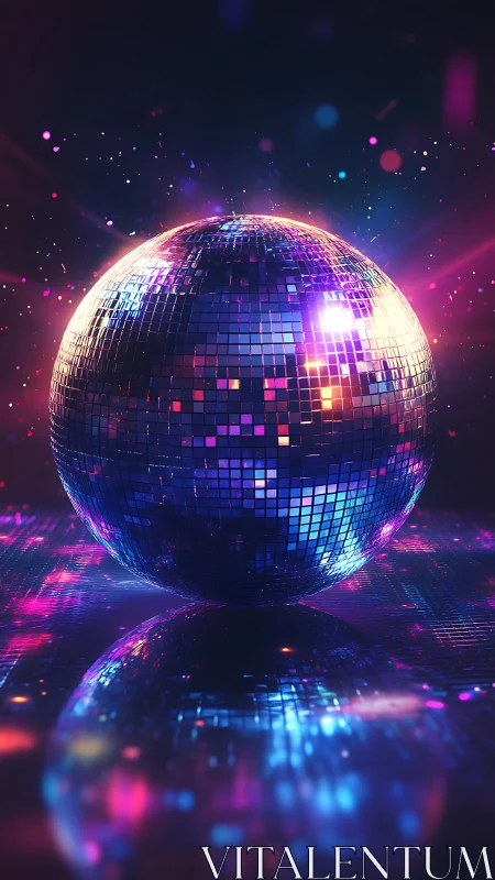 Neon disco ball glows over reflective digital dancefloor.