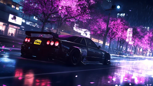 Midnight drift under neon sakura rain on slick city streets.
