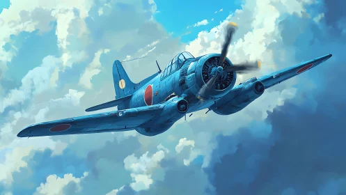 Blue World War II fighter plane flying through bright clouds.