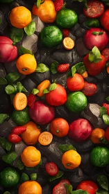 Vibrant stylized fruits scattered across dark stone surface.
