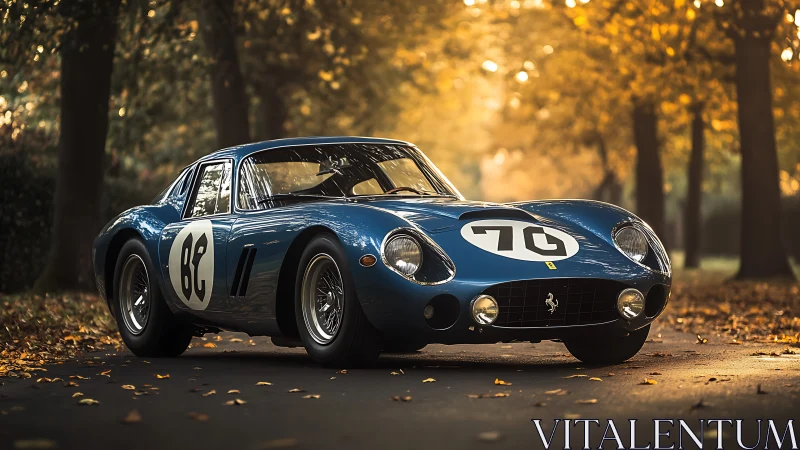 Autumn-lit blue racing classic basking in golden-tree glow.
