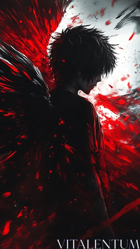 Dark winged figure in red and black abstract chaos scene.