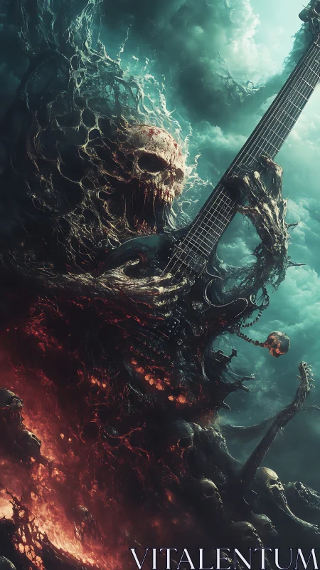 Demonic skeletal guitarist rising from molten skull mass.