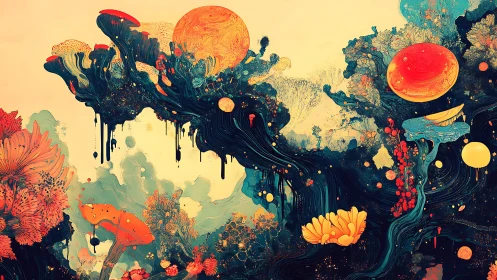Surreal cosmic forest drifts through glowing fungal dreams