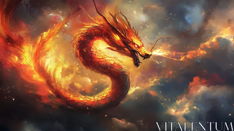 Fiery serpentine dragon unleashes blazing breath across sky