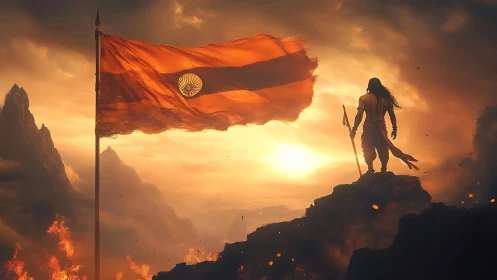 Cinematic digital painting of warrior silhouette and flag at sunset.