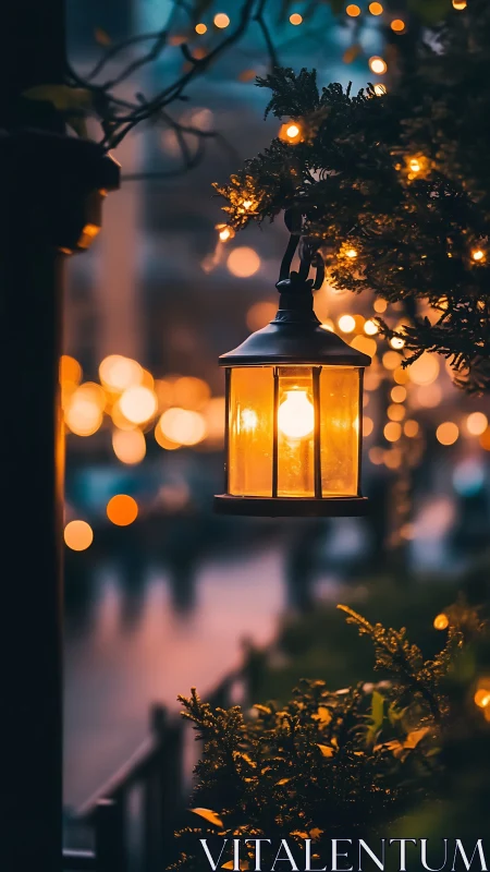 Warm street lantern with festive bokeh and foliage glow.