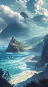 Coastal Mountain Landscape with Misty Peaks and Sea Stacks