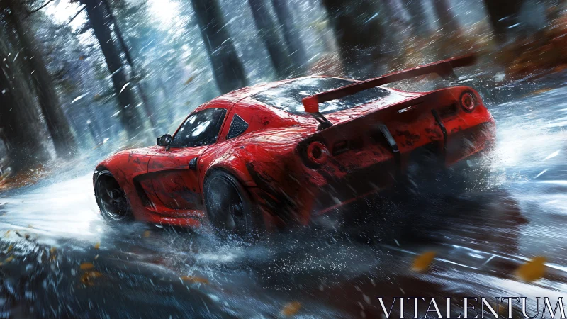 Scarlet racer slashes through a storm slick forest runway