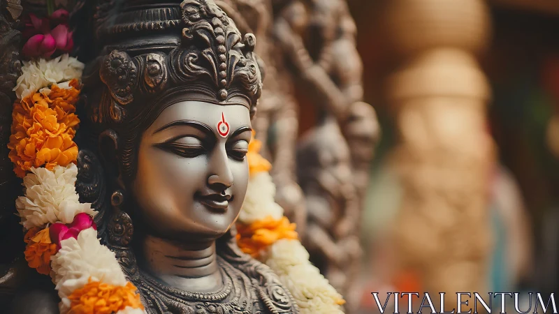 Serene bronze deity statue wrapped in bright marigold garlands.