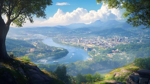 Elevated river city panorama rendered in luminous digital realism