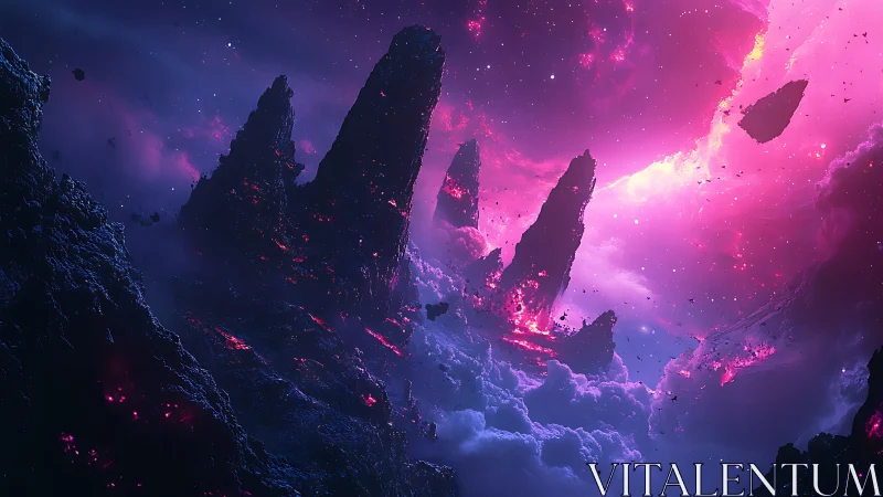 Shattered nebula spires over glowing volcanic cloudscape.