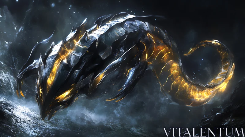 Metallic serpentine creature in dark aquatic environment.