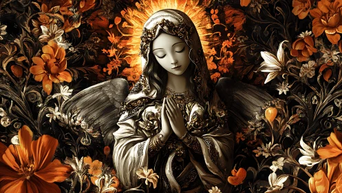 Winged figure in ornate robe prays amid orange floral halo