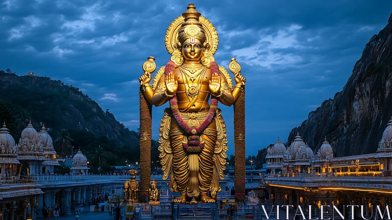 Golden Hindu deity statue dominates illuminated temple complex