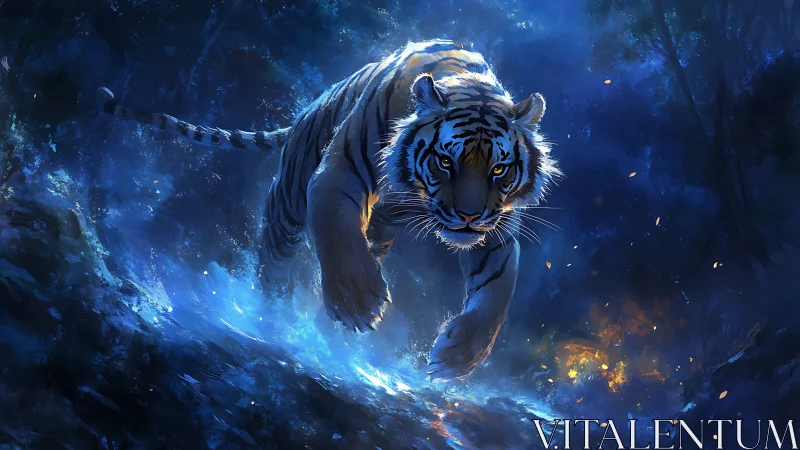 Digitally rendered tiger walking through blue lit forest.