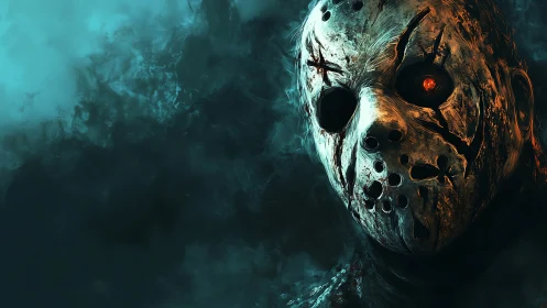 Scarred hockey mask in eerie teal smoke ambience.