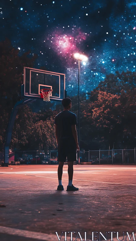 Lone night player gazes at a cosmic sky above the court