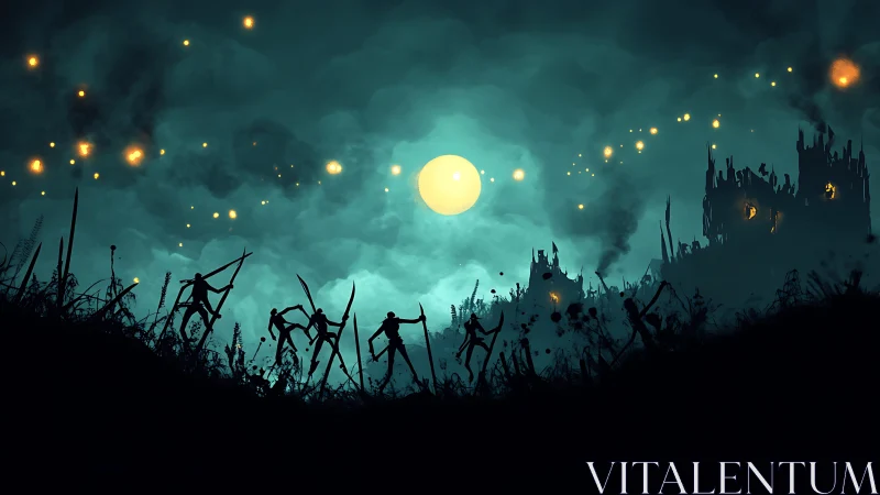 Moonglow guides eerie warriors toward a distant burning citadel