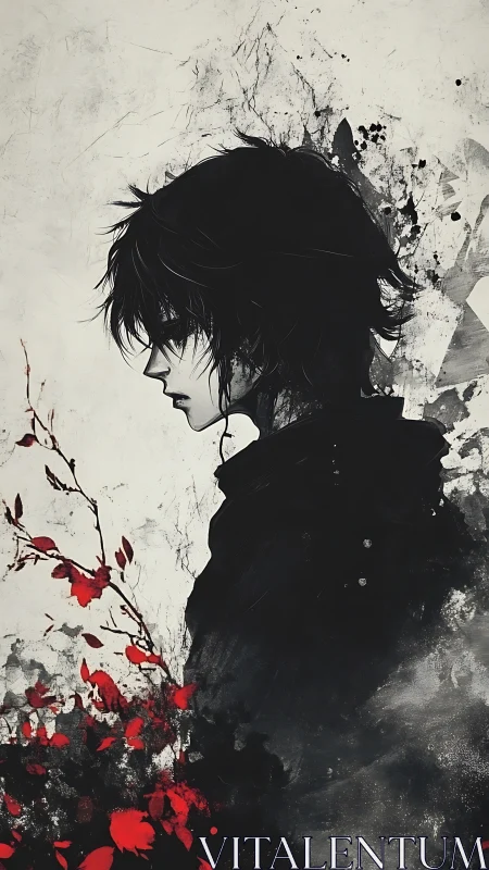 Side profile anime figure in black ink with red foliage