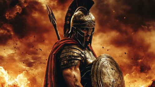 Fierce ancient warrior standing tall in a storm of fire.