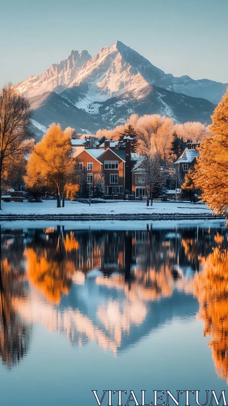 Mountain town in autumn light reflected on calm lake.